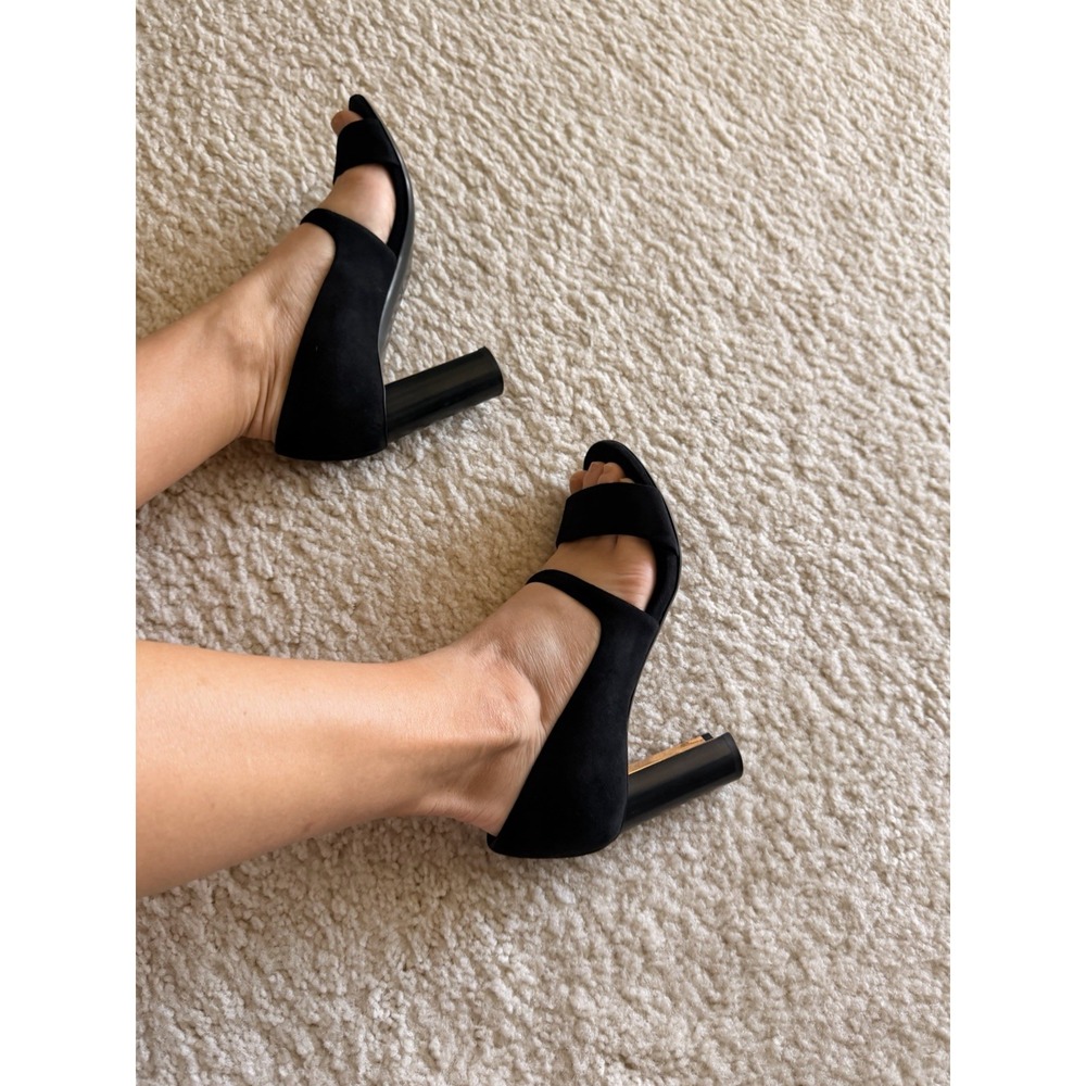 Hermès‎ Black Suede Block Heel Open Toe Slip On Heels Women's EU 38 US 7.5